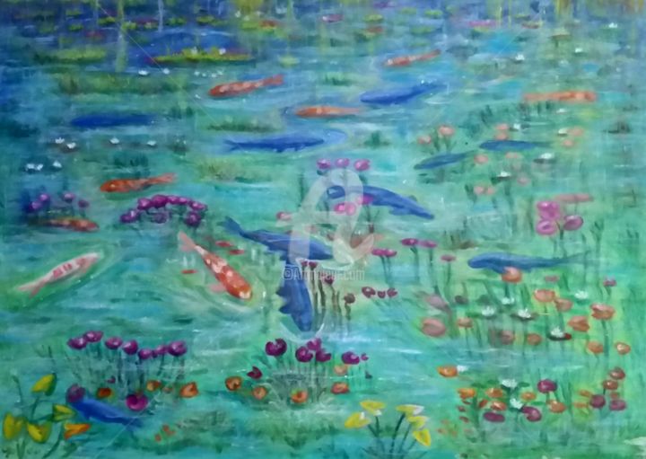 Pintura titulada "Carpas en el estanq…" por Loubarca, Obra de arte original, Oleo