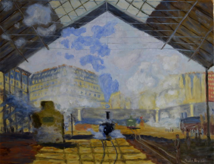 Painting titled "La gare Saint Lazare" by Nicolas Paris, Original Artwork, Oil