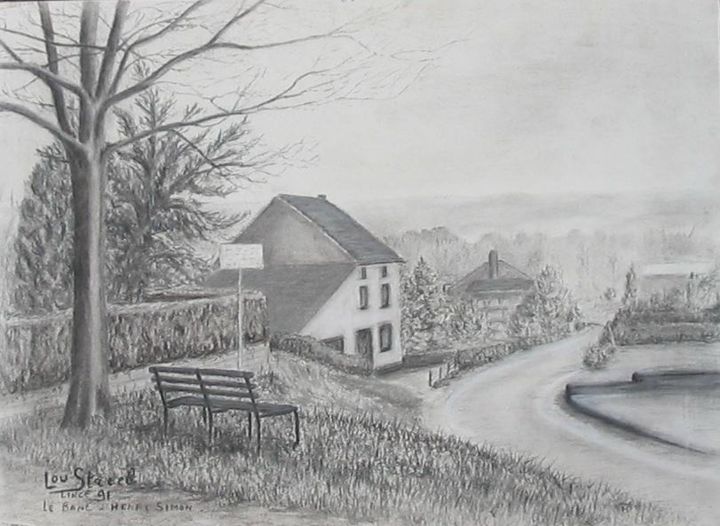 Drawing titled "Banc d'Henri Simon" by Lou Streel, Original Artwork, Charcoal