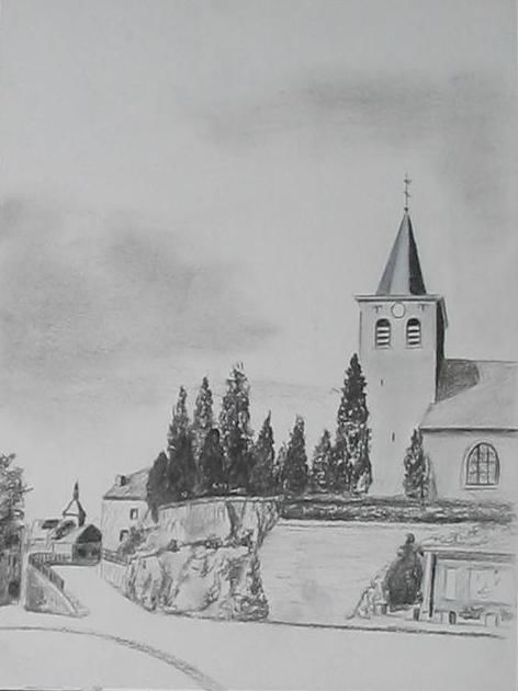 Dessin intitulée "Eglise à Sprimont" par Lou Streel, Œuvre d'art originale