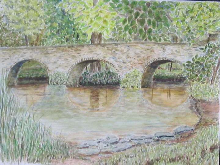 「Pont sur la Semois」というタイトルの描画 Lou Streelによって, オリジナルのアートワーク, グワッシュ水彩画