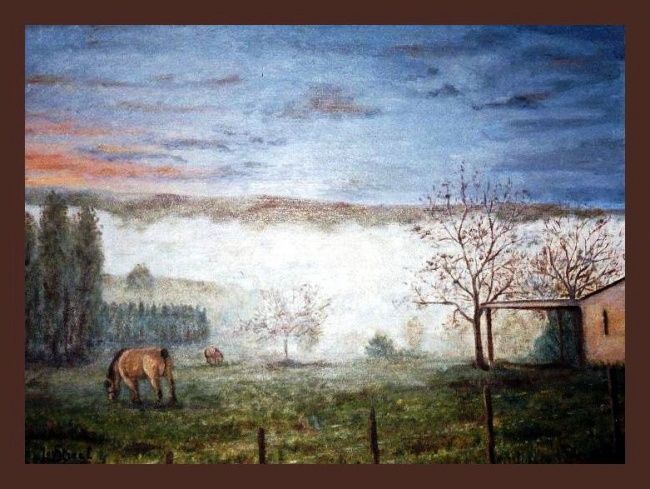 Painting titled "Chevaux et brouilla…" by Lou Streel, Original Artwork, Oil