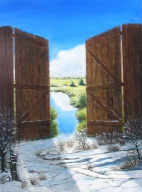 Painting titled "Porte hiver" by Lou Streel, Original Artwork, Oil