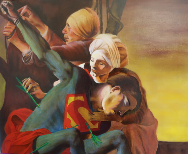 Pintura titulada "Superman soigné par…" por Stephane Louveau, Obra de arte original, Oleo