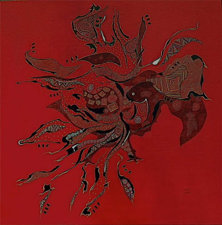 Peinture intitulée ""Le Phoenix"" par Cécile Louvel, Œuvre d'art originale, Acrylique