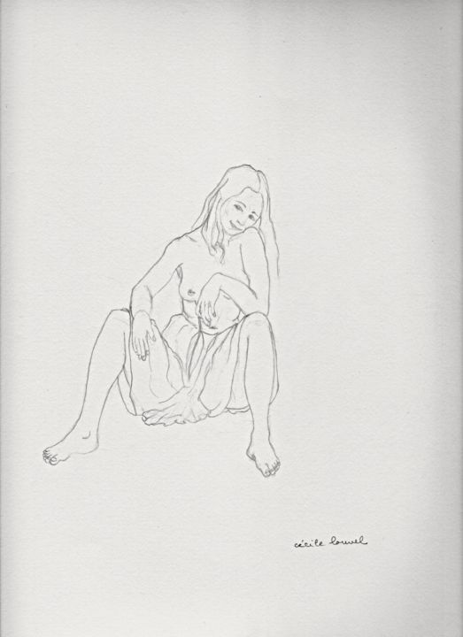 Drawing titled "jeune fille à la pl…" by Cécile Louvel, Original Artwork, Pencil