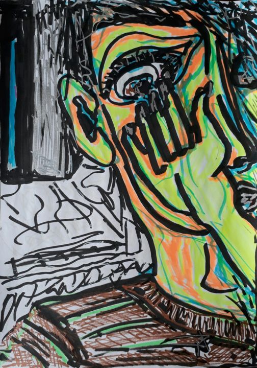 Dessin intitulée "Le doigt dans l'oeil" par Lou Ysar, Œuvre d'art originale, Marqueur