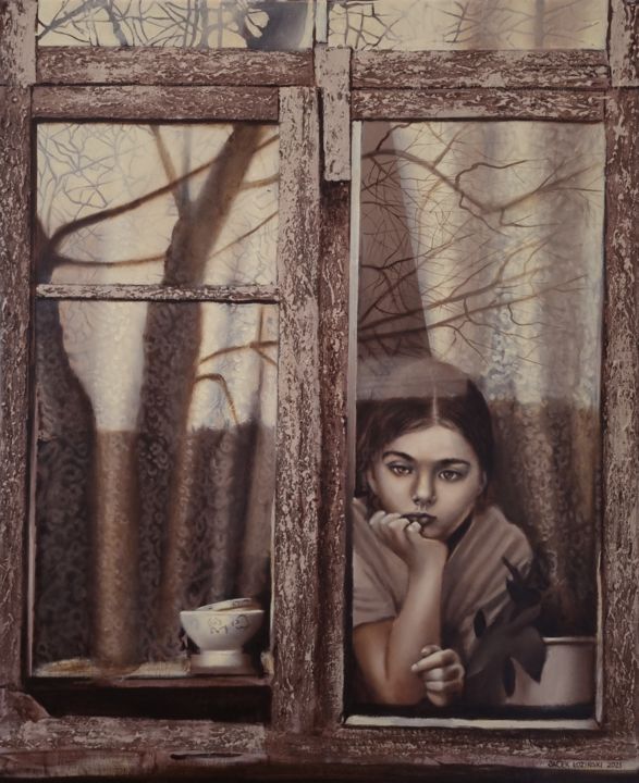 Painting titled "In the window" by Jacek Łoziński, Original Art, Acrylic