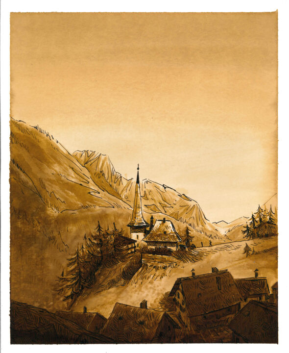 图画 标题为“Village Suisse” 由Léo-Paul Mennessier, 原创艺术品, 墨