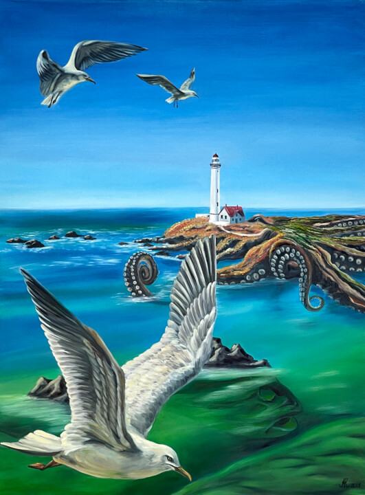Painting titled "Flying High [Bird O…" by Lu Kuznetsova, Original Artwork, Oil