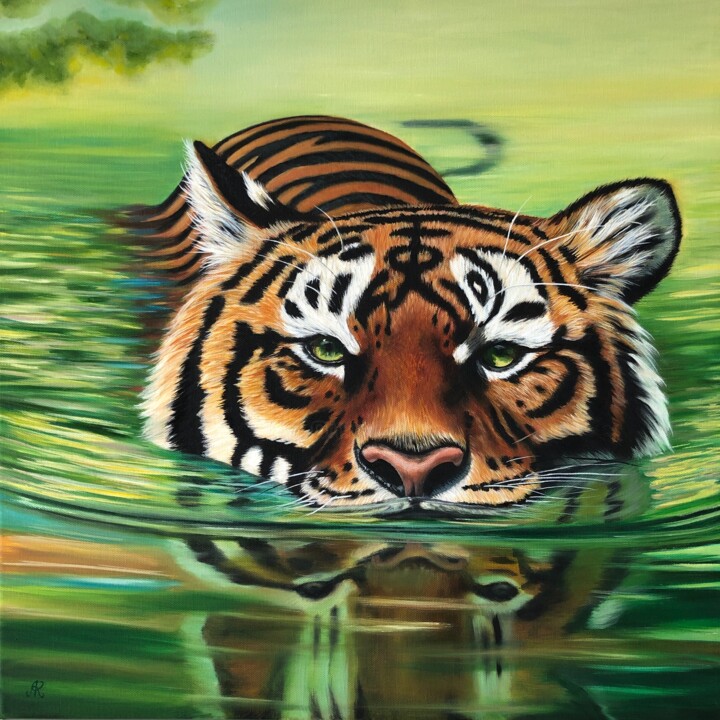 Ζωγραφική με τίτλο "Tiger in The Water" από Lu Kuznetsova, Αυθεντικά έργα τέχνης, Λάδι