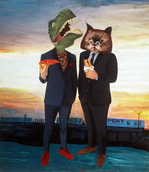 Digital Arts titled "dino and cat" by Lu Lapan, Original Artwork