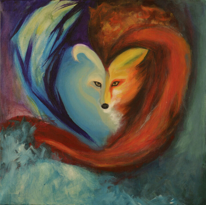 Painting titled "Fox" by Lu Meng, Original Artwork, Acrylic Mounted on Wood Panel