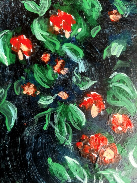 Pintura titulada "Red Flowers on Black" por Lu Sho, Obra de arte original, Acrílico