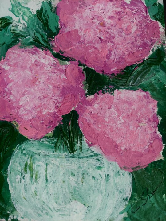 Malerei mit dem Titel "Pink Peonies in Whi…" von Lu Sho, Original-Kunstwerk, Acryl