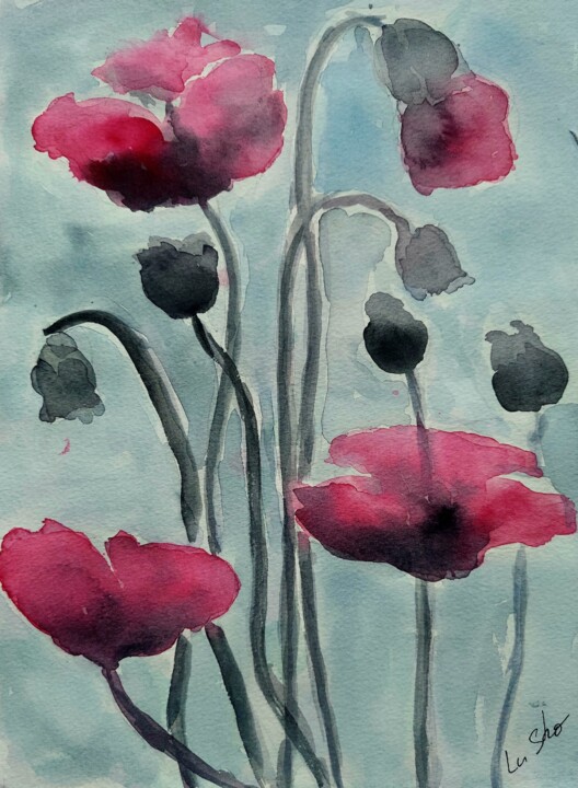 Painting titled "PinkPoppies" by Lu Sho, Original Artwork, Acrylic