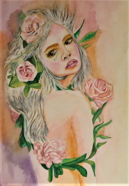 Painting titled "Rosée des roses" by Luana Béatrice Lazar, Original Artwork, Watercolor