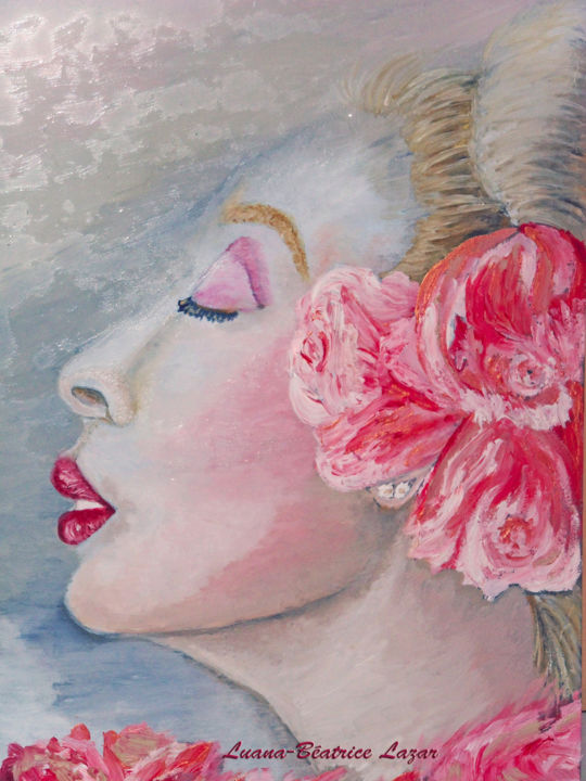 Schilderij getiteld "Dame aux roses" door Luana Béatrice Lazar, Origineel Kunstwerk, Olie