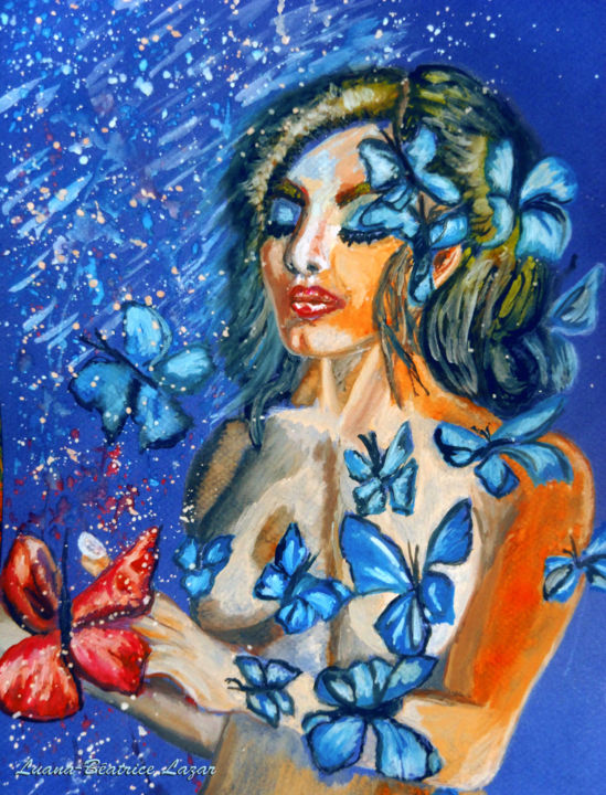 Painting titled "Papillons bleu" by Luana Béatrice Lazar, Original Artwork, Watercolor