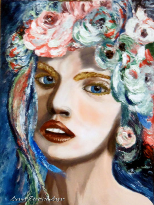 Painting titled "Fille aux roses" by Luana Béatrice Lazar, Original Artwork, Acrylic