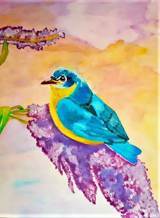 Painting titled "Oiseau bleu" by Luana Béatrice Lazar, Original Artwork, Watercolor