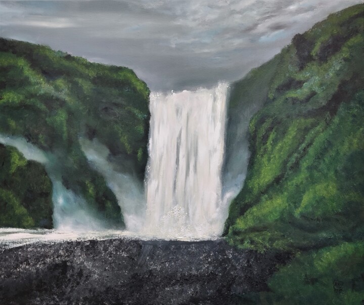 Painting titled "Waterfall" by Luna Smith, Original Artwork, Oil Mounted on Wood Stretcher frame