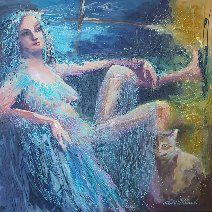 Malerei mit dem Titel "The Blue Bird, capt…" von Luba Holland, Original-Kunstwerk, Acryl