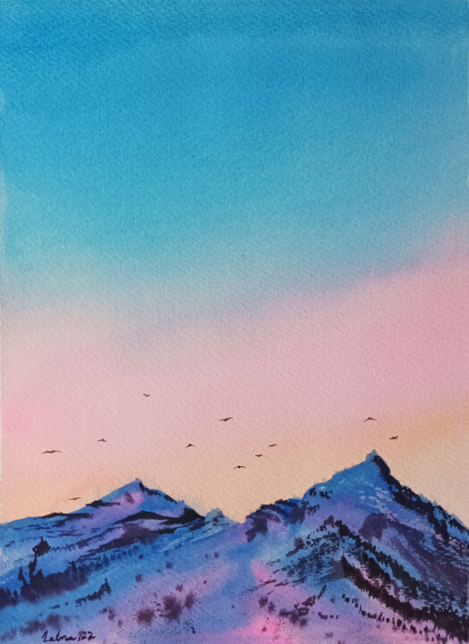 Painting titled "Summit to the Sky 2" by Lubna Khan, Original Artwork, Watercolor