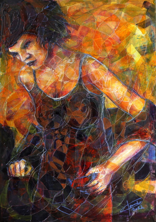 Painting titled "Woman in clared" by Ľubomír Korenko, Original Artwork, Acrylic Mounted on Wood Panel