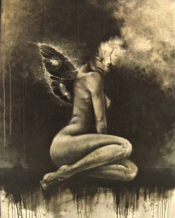 Painting titled "Black butterfly" by Ľubomír Sinčák, Original Artwork, Oil Mounted on Wood Stretcher frame