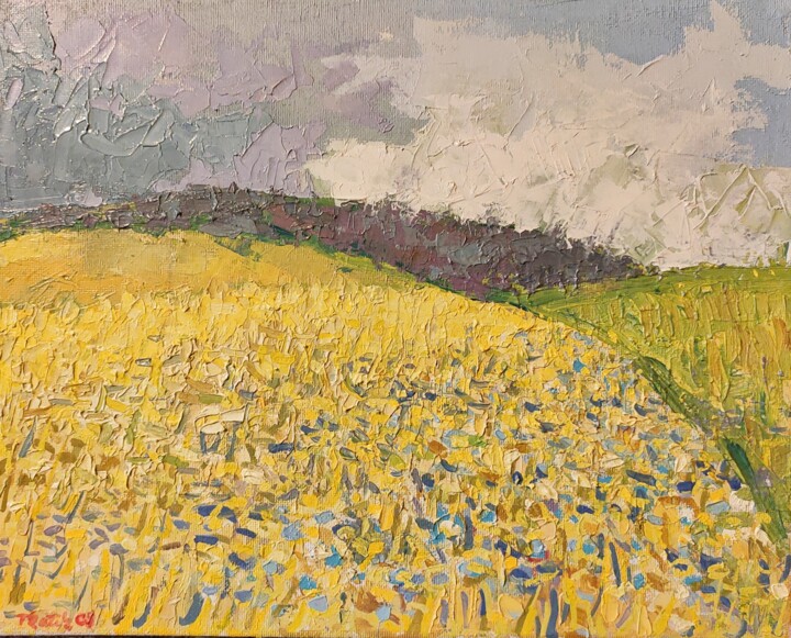 Painting titled "Yellow field" by Lubomir Tkacik, Original Artwork, Oil