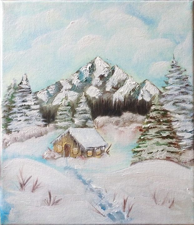 Painting titled "Cottage in the snow…" by Ľubomír Kurpel, Original Artwork, Oil