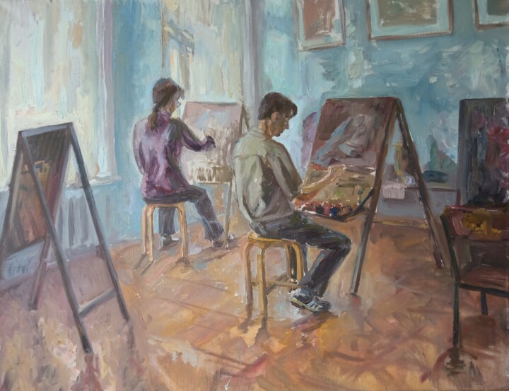 Painting titled "Disciples/ Students…" by Liubov Lazakovich, Original Artwork, Oil Mounted on Wood Stretcher frame