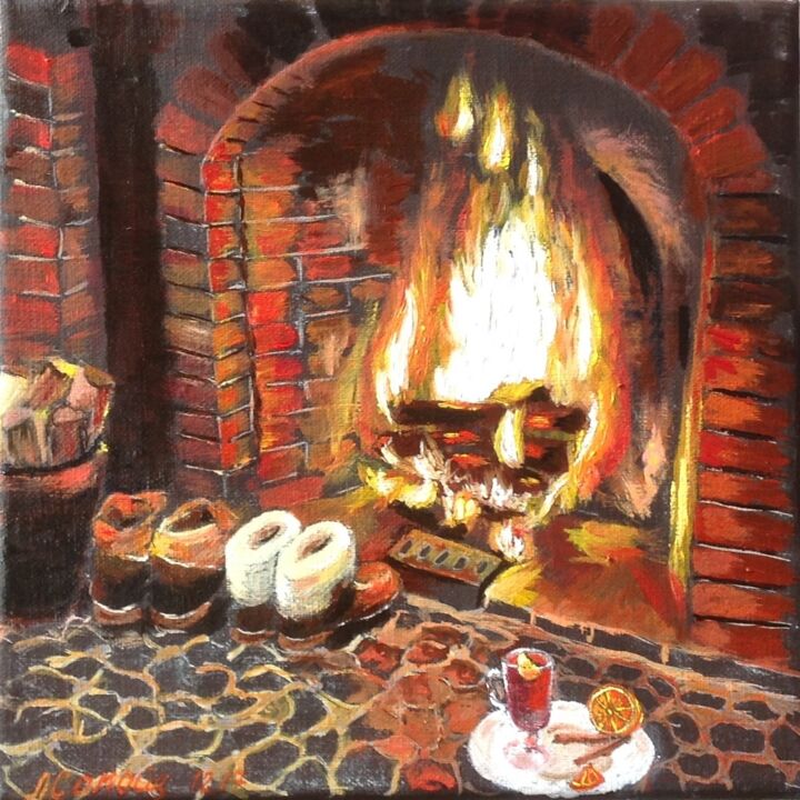 Painting titled "Cosy up by the fire…" by Liubov Samoilova, Original Artwork, Oil Mounted on Wood Stretcher frame