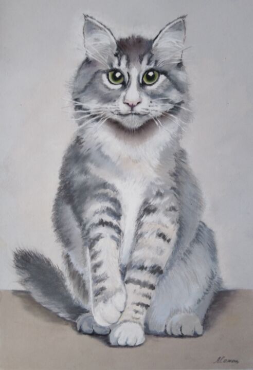 Pittura intitolato "Fluffy gray cat" da Liubov Samoilova, Opera d'arte originale, Pastello