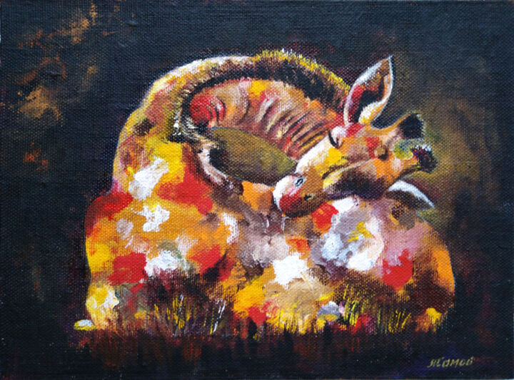 Malerei mit dem Titel "Sleeping giraffe-pi…" von Liubov Samoilova, Original-Kunstwerk, Acryl Auf Andere starre Platte montie…