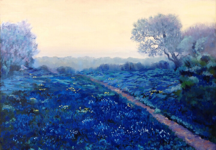 Painting titled "Texas blue lupins" by Liubov Samoilova, Original Artwork, Oil Mounted on Wood Stretcher frame