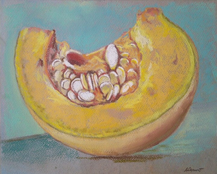 Картина под названием "Golden pumpkin on a…" - Любовь Самойлова, Подлинное произведение искусства, Пастель