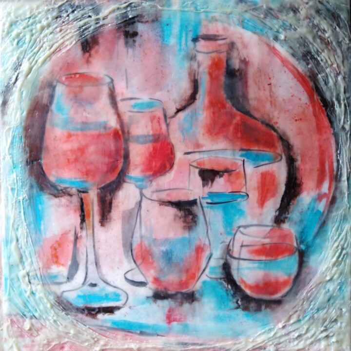 Schilderij getiteld "Red and turquoise s…" door Liubov Samoilova, Origineel Kunstwerk, Encaustiek Gemonteerd op Andere stijv…