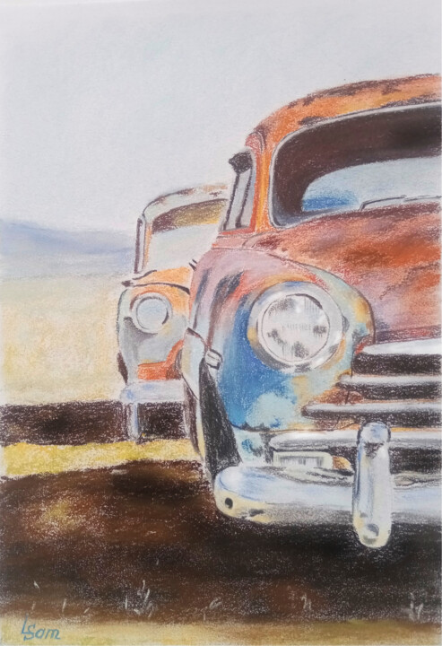 Painting titled "Old rusty car" by Liubov Samoilova, Original Artwork, Pastel