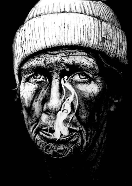 Peinture intitulée "Papy Fume" par Luc Brun-Perasso, Œuvre d'art originale, Encre
