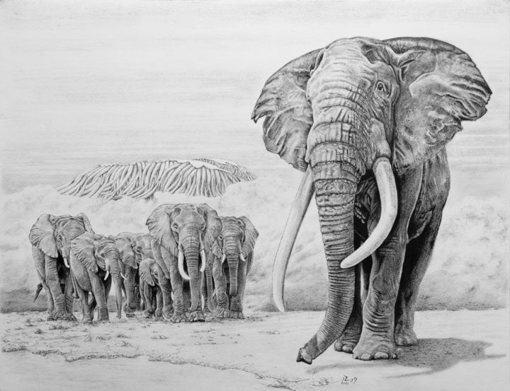 Peinture intitulée "Les Éléphants et la…" par Luc Brun-Perasso, Œuvre d'art originale, Encre