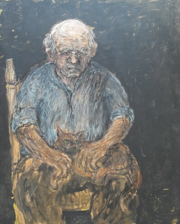 Painting titled "Oude Man met Kat" by Luc Devondel, Original Artwork, Oil