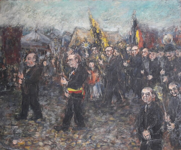 Schilderij getiteld "Processie in Rode" door Luc Devondel, Origineel Kunstwerk, Olie