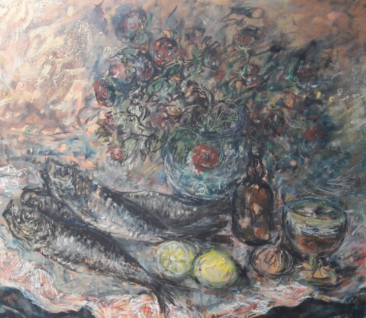 Painting titled "Haringen met bier" by Luc Devondel, Original Artwork, Oil