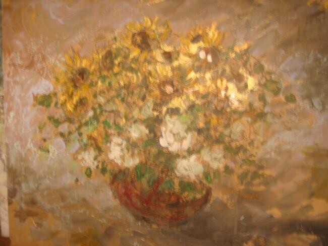 Schilderij getiteld "Zonnebloemen" door Luc Devondel, Origineel Kunstwerk, Olie