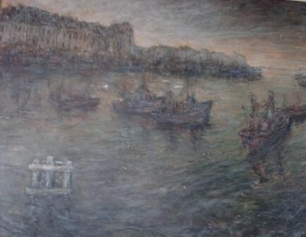 Pittura intitolato "Zicht haven Nieuwpo…" da Luc Devondel, Opera d'arte originale, Olio