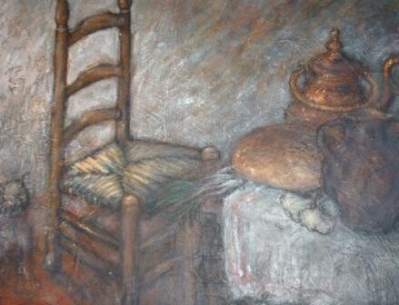 Painting titled "Stilleven met stoel…" by Luc Devondel, Original Artwork, Oil