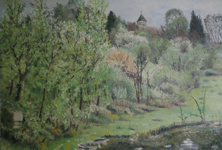 Painting titled "village-en-haute-ma…" by Luc Huber, Original Artwork, Oil