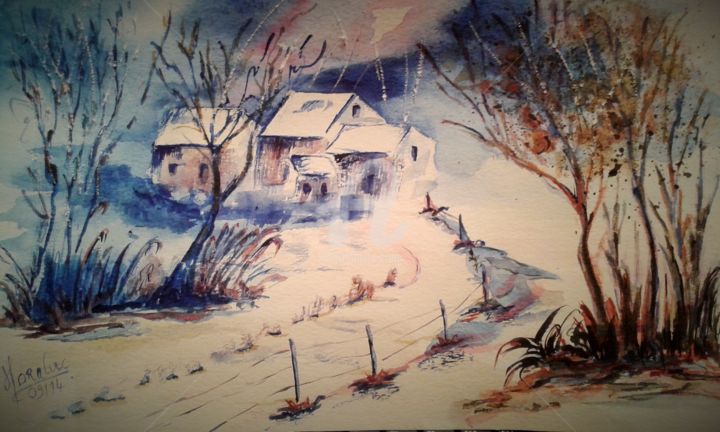 Peinture intitulée "Perdue sous la neige" par Luc Mora, Œuvre d'art originale, Aquarelle